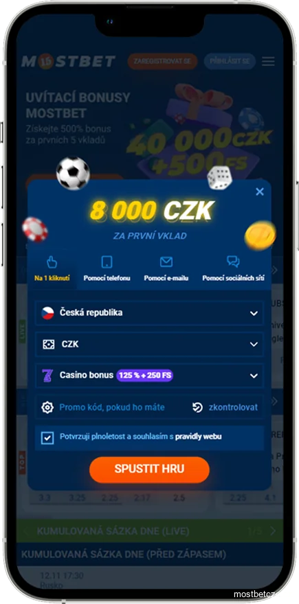 Screenshot registračního okna Mostbet CZ